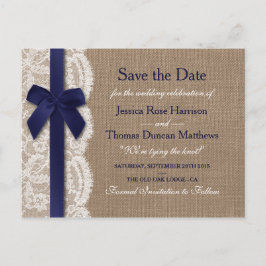 Navy Ribbon on Burlap & Lace Save the Date Ankündigungspostkarte