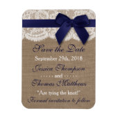 Navy Ribbon on Burlap & Lace Save the Date Magnet (Vertikal)