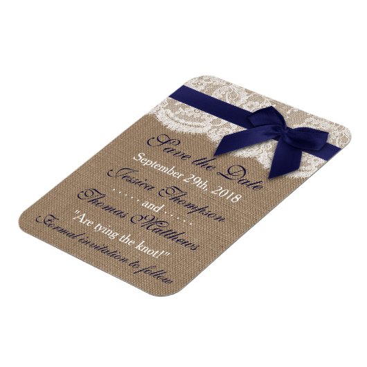 Navy Ribbon on Burlap & Lace Save the Date Magnet (Linke Seite)