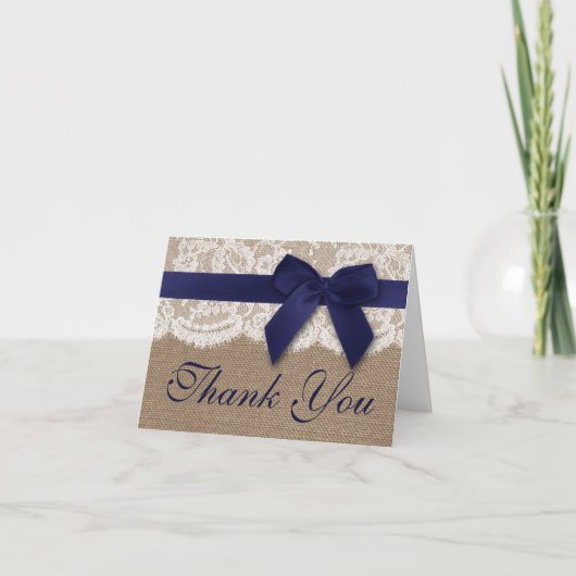 Navy Ribbon on Burlap & Lace Wedding Vielen Dank Dankeskarte (Vorderseite)
