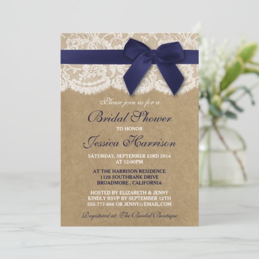 Navy Ribbon on Kraft & Lace Brautparty Einladung (Stehend Vorderseite)