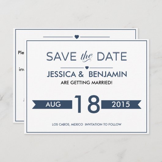 Navy Ribbon Save the Date Postkarte (Vorne/Hinten)