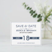 Navy Ribbon Save the Date Postkarte (Stehend Vorderseite)