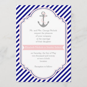 Navy, rosa Anker & Streifen Hochzeit Einladung