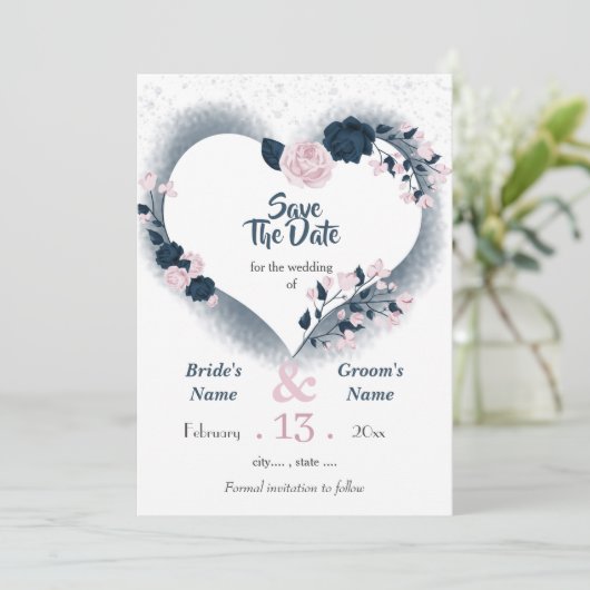 Navy & Rosa Blumenherz Save the Date (Stehend Vorderseite)