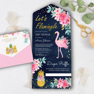 Navy Rosa Florale Tropische Flamingo-Baby-Party All In One Einladung