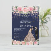 Navy-Rosa-Glitzer tanzend Paar Empfang Einladung (Stehend Vorderseite)