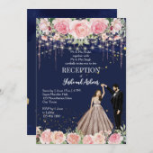 Navy-Rosa-Glitzer tanzend Paar Empfang Einladung (Vorne/Hinten)