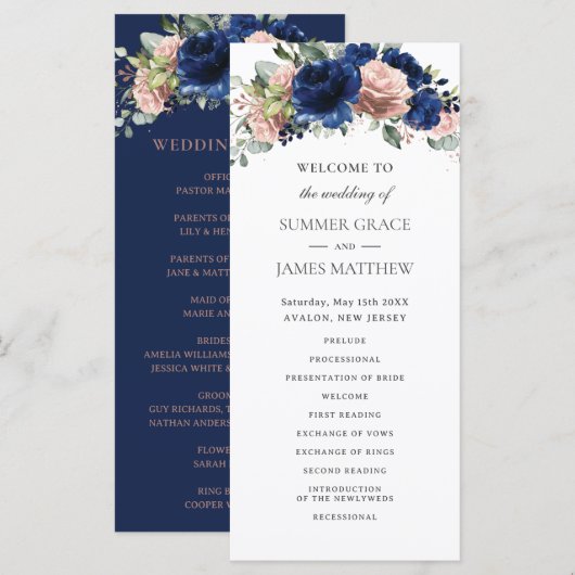 Navy-Rosa-Gold-Blumen-Grünzeug-Boho-Hochzeit Programm (Vorne/Hinten)