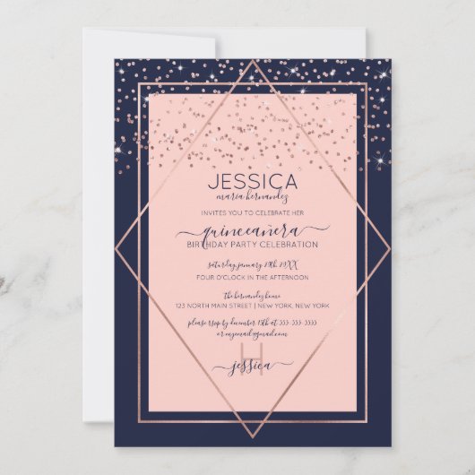 Navy Rosa Gold Confetti Border Quinceañera Einladung (Vorderseite)