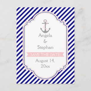 Navy, rosa nautische Hochzeit Save the Date Ankündigungspostkarte
