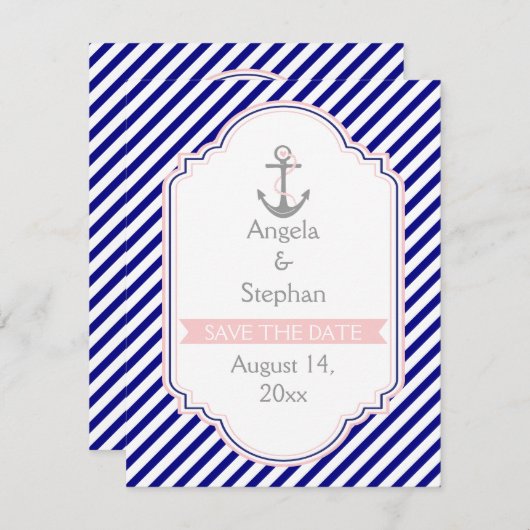 Navy, rosa nautische Hochzeit Save the Date Einladung (Vorne/Hinten)