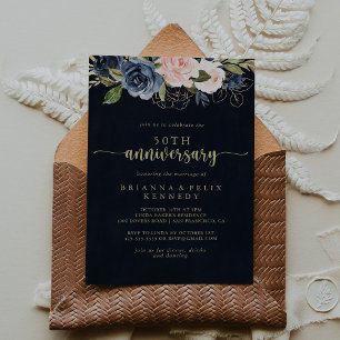 Navy Rosé-Blüten-Goldene 50. Hochzeitstag  Einladung