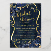 Navy Rose Floral Butterfly Brautparty Folieneinladung (Vorderseite)