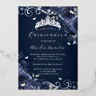 Navy Rose Floral Silver Swirl Quinceanera Folieneinladung