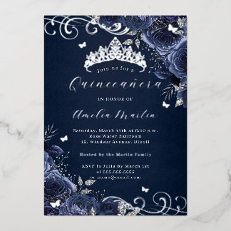 Navy Rose Floral Silver Swirl Quinceanera Folieneinladung
