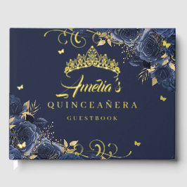 Navy Rose Floral Swirl Quinceanera Gold Gästebuch