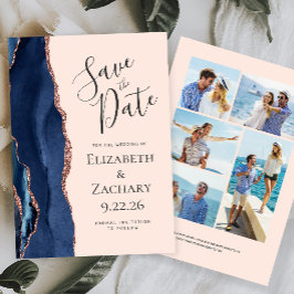 Navy Rose Gold Agate Blush 5-Foto Save the Date Einladung