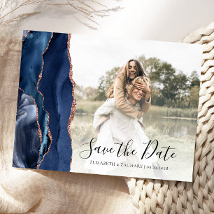 Navy Rose Gold Agate Custom Foto Save the Date Postkarte