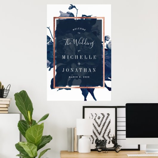 Navy Rose Gold Bouquet Wedding Welcome Poster (Heimbüro)