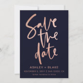 Navy Rose Gold Einfache handgeschriebene Kalligraf Save The Date (Vorderseite)