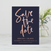 Navy Rose Gold Einfache handgeschriebene Kalligraf Save The Date (Stehend Vorderseite)