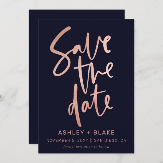 Navy Rose Gold Einfache handgeschriebene Kalligraf Save The Date (Vorne/Hinten)