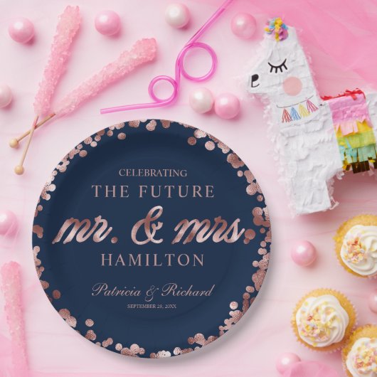 Navy Rose Gold Future Mr. und Mrs. Engagement Part Pappteller (Party)