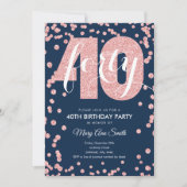 Navy Rose Gold Glitzer 40. Geburtstag Party Einladung (Vorderseite)