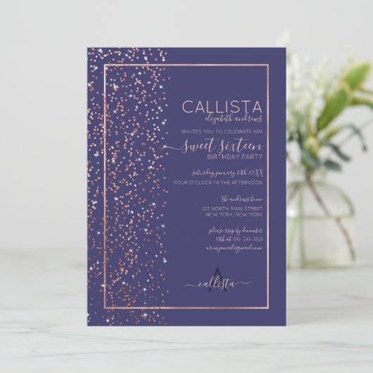 Navy Rose Gold Glitzer Confetti Side Sweet 16 Einladung (Stehend Vorderseite)
