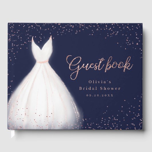 Navy Rose Gold Glitzer Elegantes Dress Brautparty Gästebuch (Vorderseite)