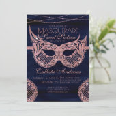 Navy Rose Gold Glitzer Lace Masquerade Sweet 16 Einladung (Stehend Vorderseite)