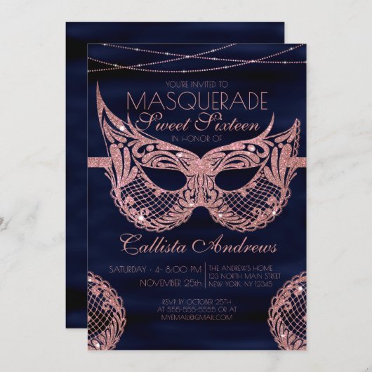 Navy Rose Gold Glitzer Lace Masquerade Sweet 16 Einladung (Vorne/Hinten)