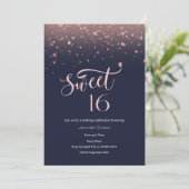 Navy & Rose Gold Glitzer Sweet 16 Einladung (Stehend Vorderseite)