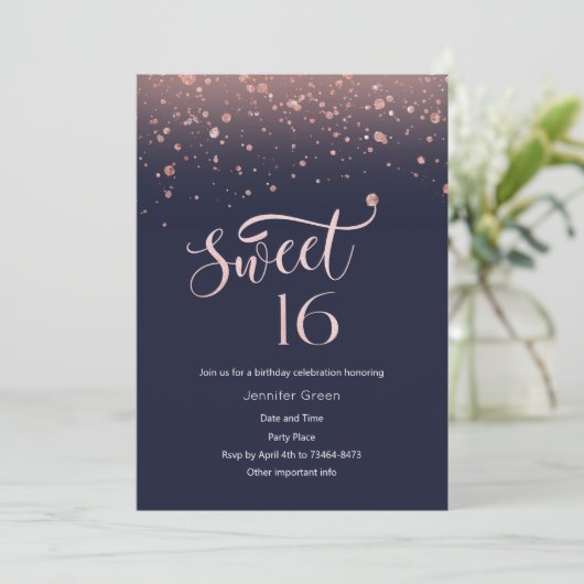 Navy & Rose Gold Glitzer Sweet 16 Einladung (Stehend Vorderseite)