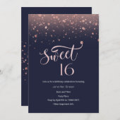 Navy & Rose Gold Glitzer Sweet 16 Einladung (Vorne/Hinten)