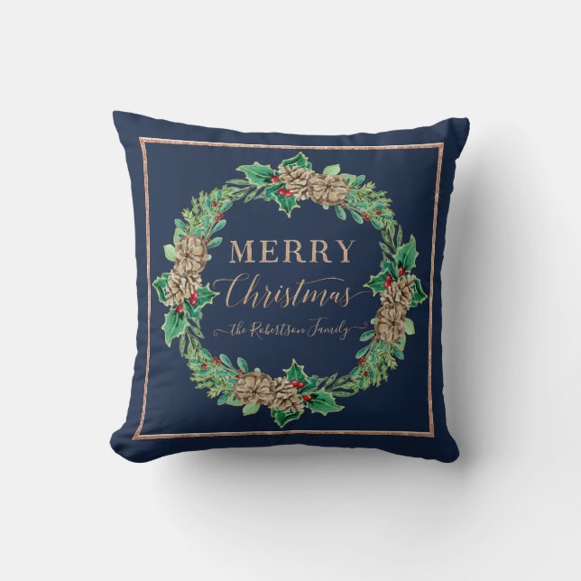 Navy Rose Gold Script Typografie Frohe Weihnachten Kissen (Vorderseite)