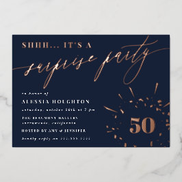 Navy & Rose Gold Script Überraschung Party Folieneinladung