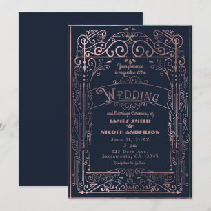 Navy & Rose Gold Vintage Viktorianische Deko Hochz Einladung