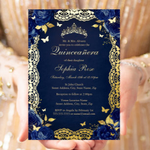 Navy Rose Spitzen-Schmetterling Quinceanera Geburt Folieneinladung