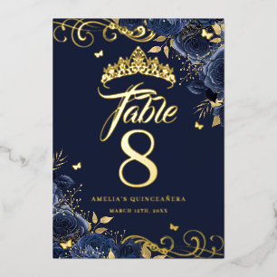 Navy Rose Swirl Quinceanera Gold Tischnummer