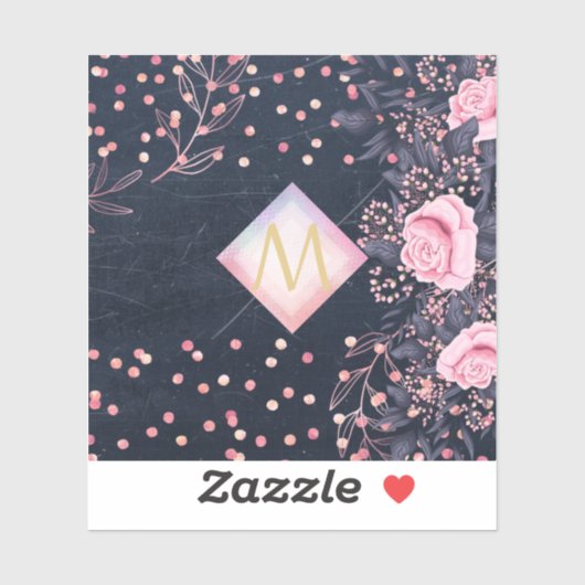 Navy Rosegold Monogram Gips Girl Floral Pink Aufkleber (Blatt)