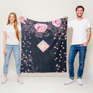 Navy Rosegold Monogram Gips Girl Floral Pink Fleecedecke