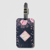 Navy Rosegold Monogram Gips Girl Floral Pink Gepäckanhänger (Vorderseite Vertikal)