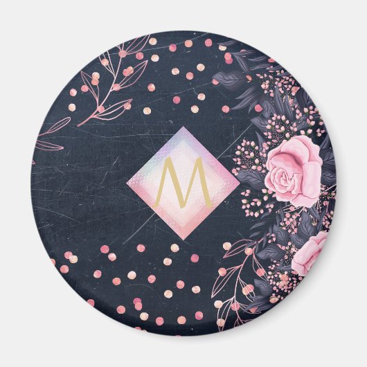 Navy Rosegold Monogram Gips Girl Floral Pink Magnet (Vorne)