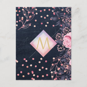 Navy Rosegold Monogram Gips Girl Floral Pink Postkarte