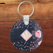 Navy Rosegold Monogram Gips Girl Floral Pink Schlüsselanhänger (Vorderseite)