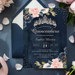 Navy Roségold Wasserfarbe Quinceanera Folieneinladung