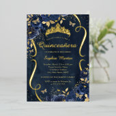 Navy Rosen Floral Butterfly Tiara Quinceanera Folieneinladung (Stehend vorne)