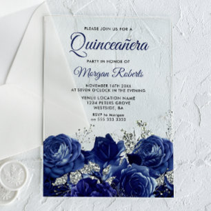 Navy Rosen & Silber Elegante Quinceañera Acryleinladungen